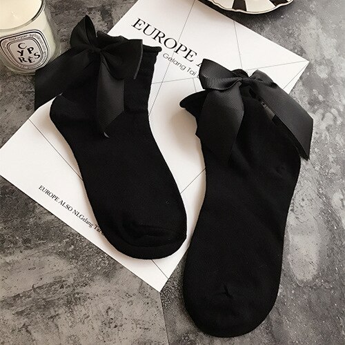 Winter Autumn Spring Sweet Curl Cotton After The Heel Ribbon Big Bow Short Socks Wild Chaussette Female Herring Ankle Socks: Bow Socks black