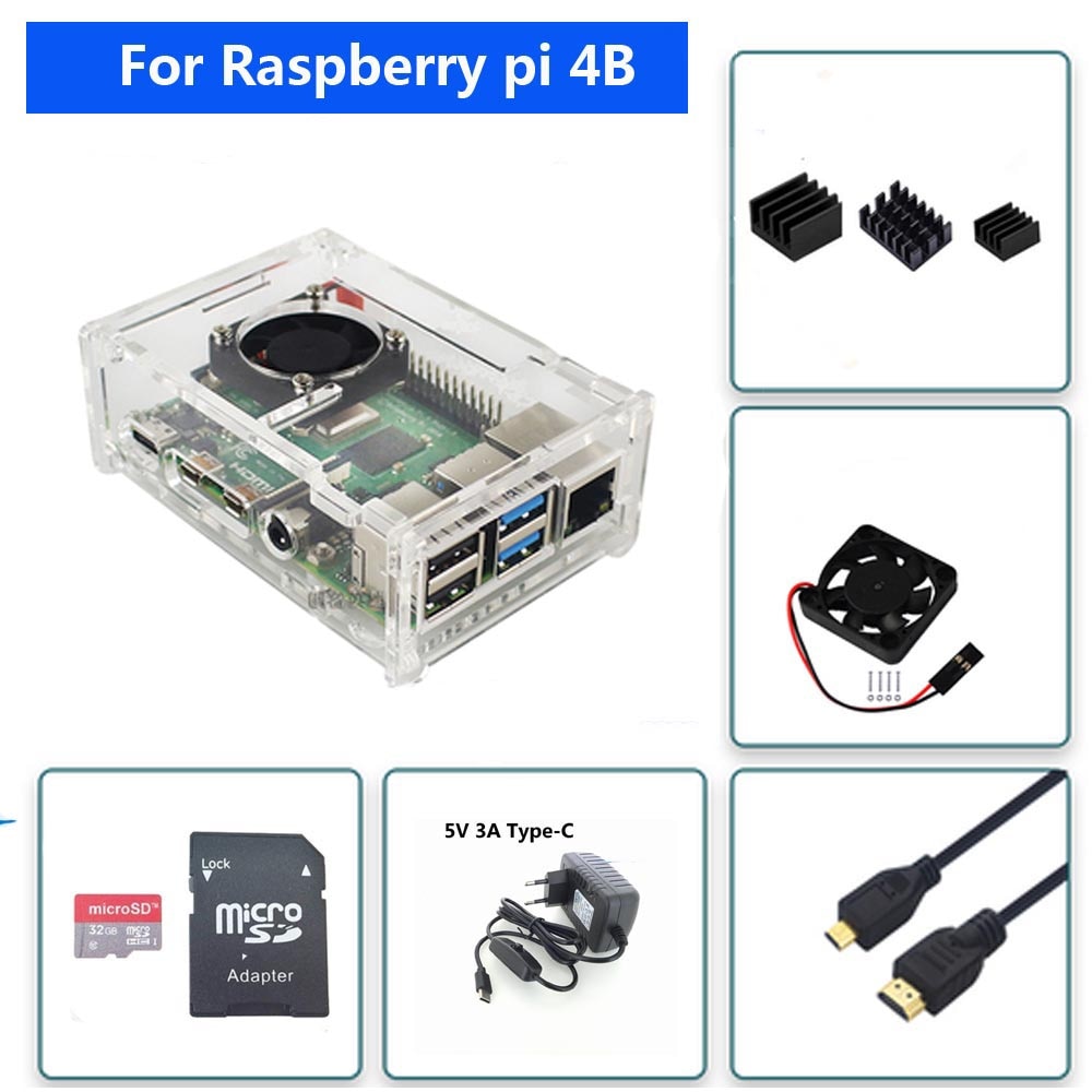 Raspberry Pi 4 Model B Acryl Case Met Koelventilator + 32Gb Sd-kaart + 5V 3A Power + Heatsink + Hdmi Voor Raspberry Pi 4B
