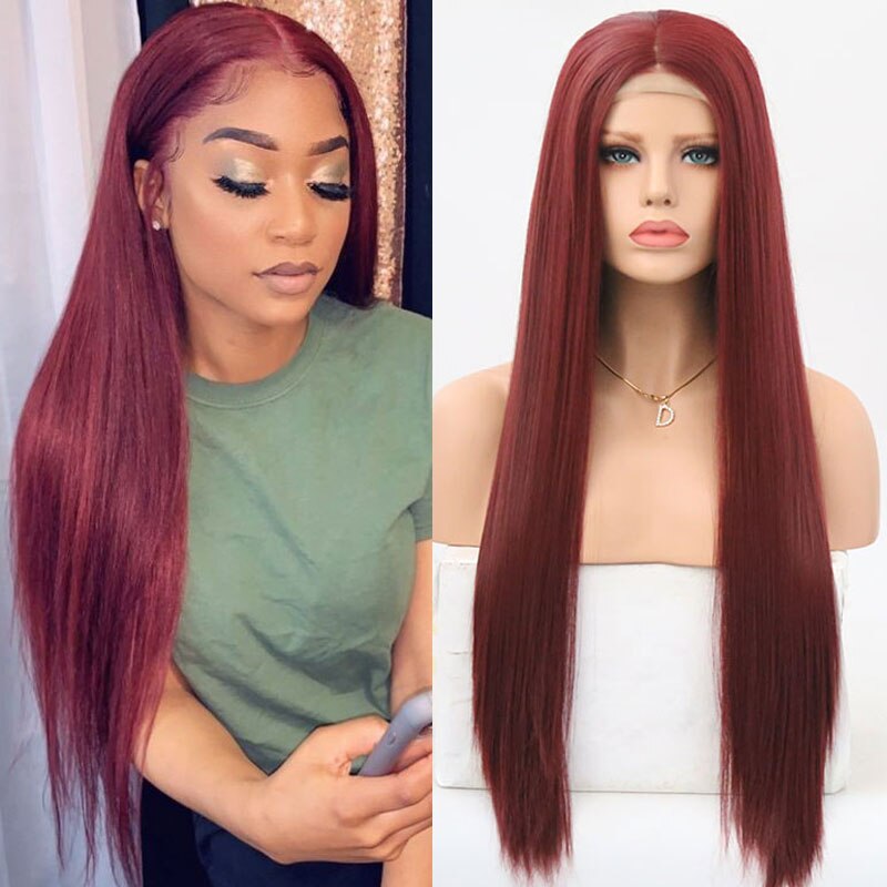 "bomba" wino burgundzkie czerwone proste syntetyczna koronka peruka przód włókno termoodporne naturalną linią włosów środkowa część dla kobiet peruki