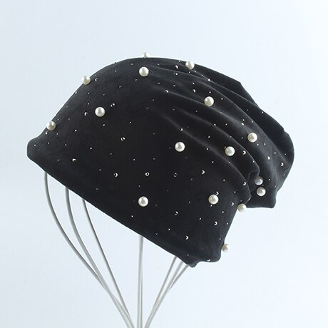 Gorros de terciopelo con diamantes de imitación y perlas para mujer, sombrero cálido y suave, de invierno, novedad de: Negro