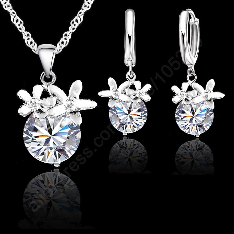 Alta qualidade 925 prata esterlina zircônia cúbica flor colar hoop brincos moda conjuntos de jóias feminino acessórios