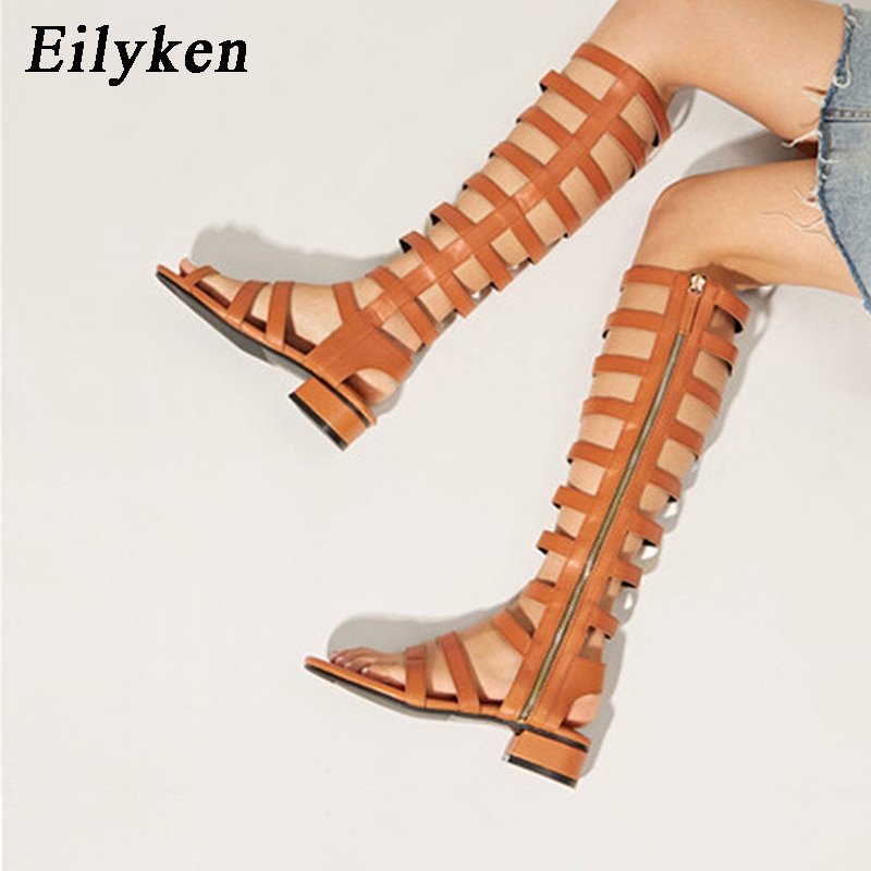 Eilyken Donne di Estate Sandali Open Toe Ginocchio Alti Sandali Stivali Con Cerniera Gladiatore Copertura Tacco Piatto Casual Sandali formato 35-40