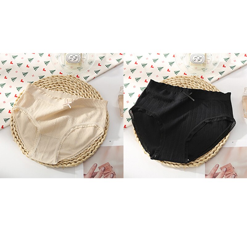 2Pcs Modal Seamless Female Panties Bow Lace Mid-waist Underwear Women Seamless Cotton Crotch Lingerie Multiple Colour Briefs: Beige Black