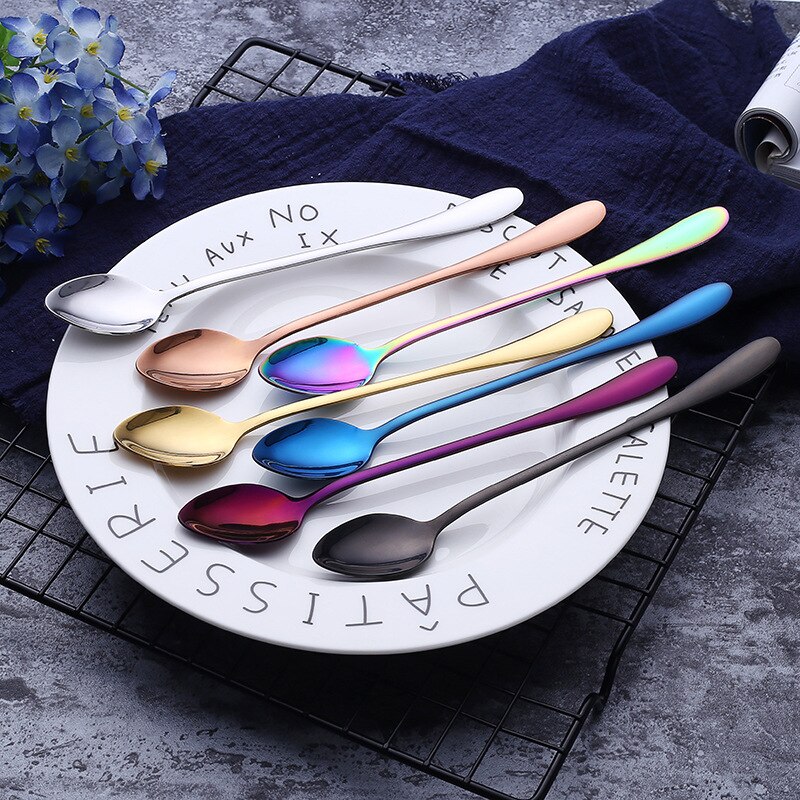 19.5cm Stainless Steel Round Head Spoon Rainbow Coffee Mixing Spoon Set Cold Drink Colorful Dessert Ice Spoon Flatware 6pcs/set