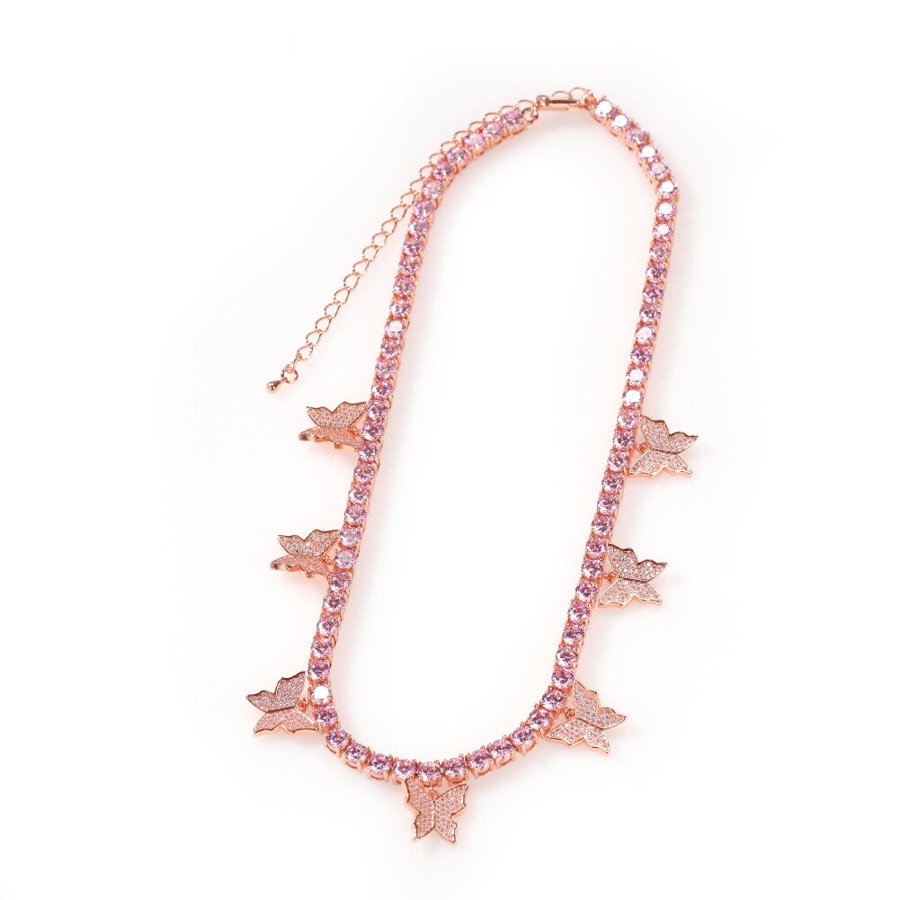 sterben BLING KÖNIG Frauen 5mm CZ Tennis Kette 1 Reihe 7 Stck Schmetterling Rosa & Silber Farbe Luxus Verlängerung kette Schmuck