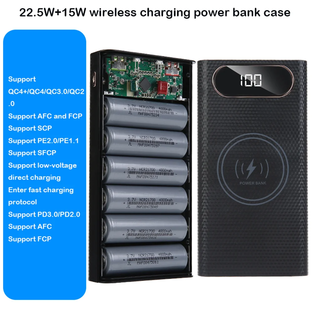6*21700 Energie Bank fallen Unterstützung Schnell Schnelle Ladegerät Abnehmbare 21700 Batterie Halfter Ladung Kasten Ladung PD DIY Mit Taschenlampe