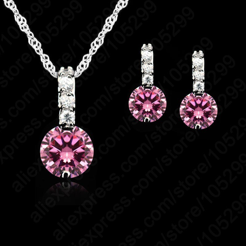 Vrouwen Beauty Sieraden Set 925 Sterling Silver Cubic Zirkoon Hanger Ketting/Earring Vrouwen Sets: Pink