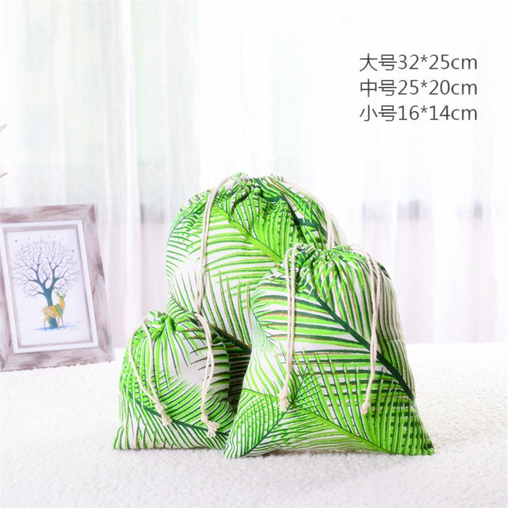 3PCS/Set Casual Women Cotton Drawstring Shopping Bag Eco Reusable Folding Grocery Cloth Underwear Pouch Case Travel Home Storage: Green leavesX3pcs