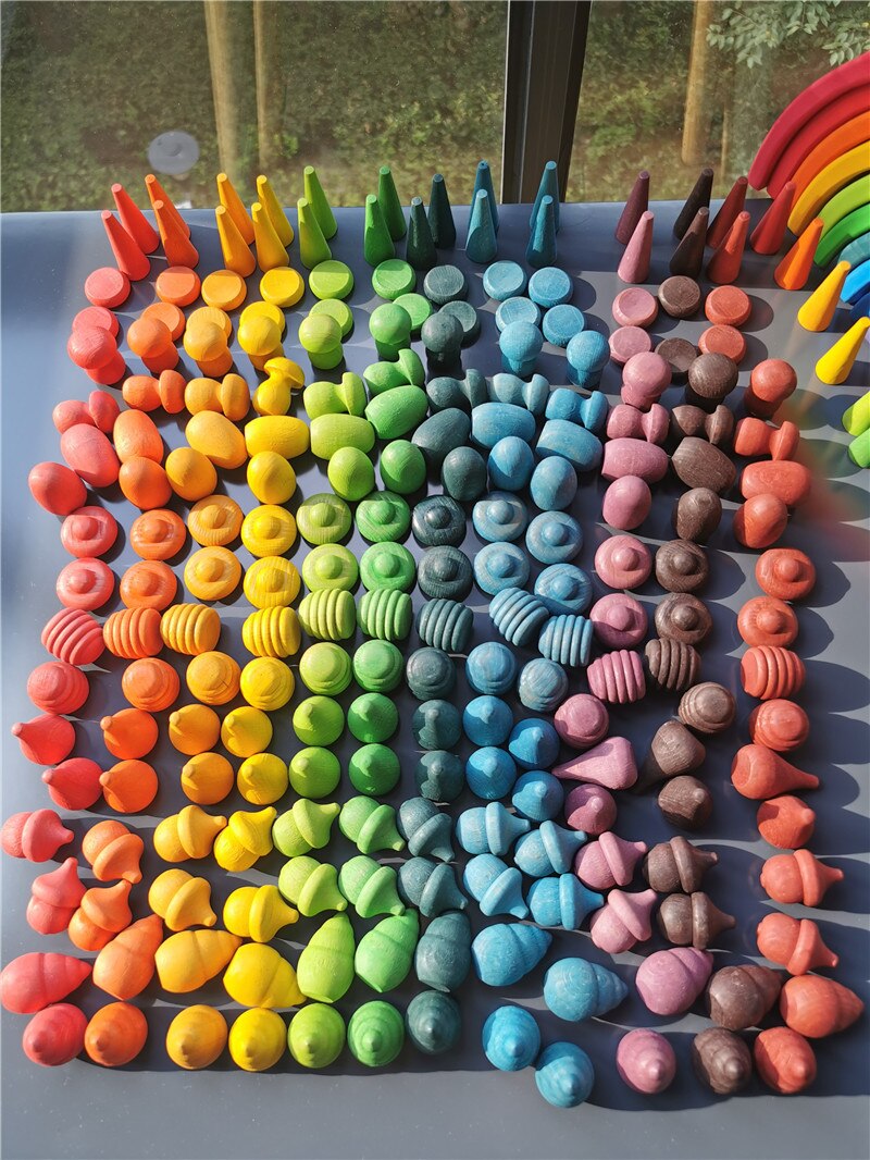 Bloques de Mandala de arcoíris de madera para niños, piezas sueltas Montessori, juguetes de setas, gotas de panal, brotes de bambú, conos de árbol de bellotas