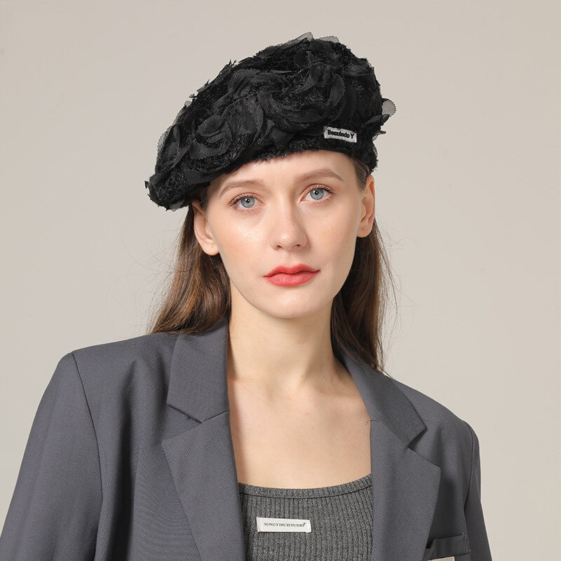 Boina de pelo de conejo para mujer, gorro de pintor negro, informal, para boda, Otoño e Invierno