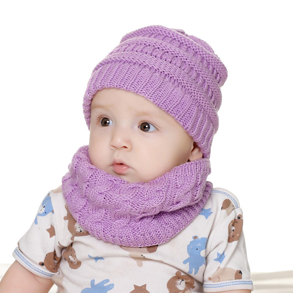 Winter Children's Skullies Hat Scarf Set Thick Knitted Kids Two pieces Fluffy Hats Scarf Sets Solid Warm Cap Girls boys Hats