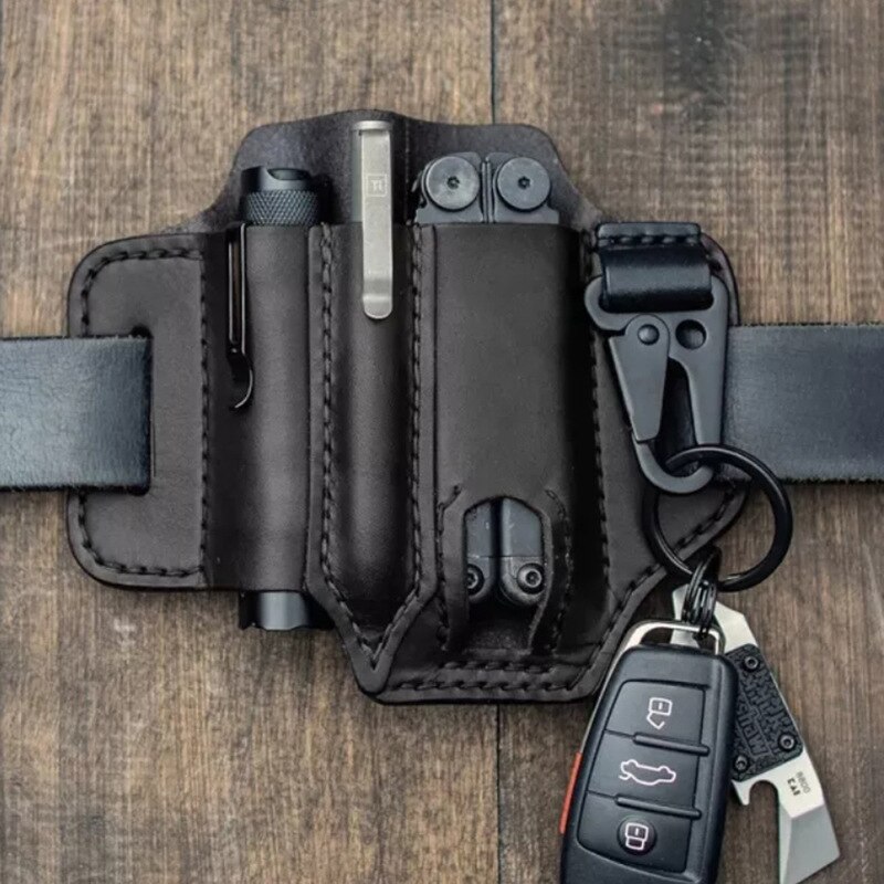 Multi-Function Leather Sheath Pocket Multi-Function Tool Sheath Storage Bag With Key Ring, For Belt And Flashlight Outdoor: Black