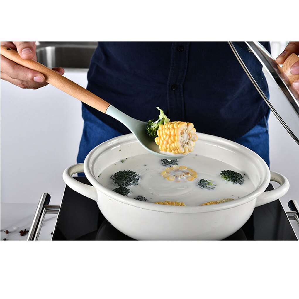 Silicone Cooking Utensils Wooden Handle Non-Stick Spatula Spoon Turner Soup Ladle Whisk Kitchen Cooking Tools Gadget