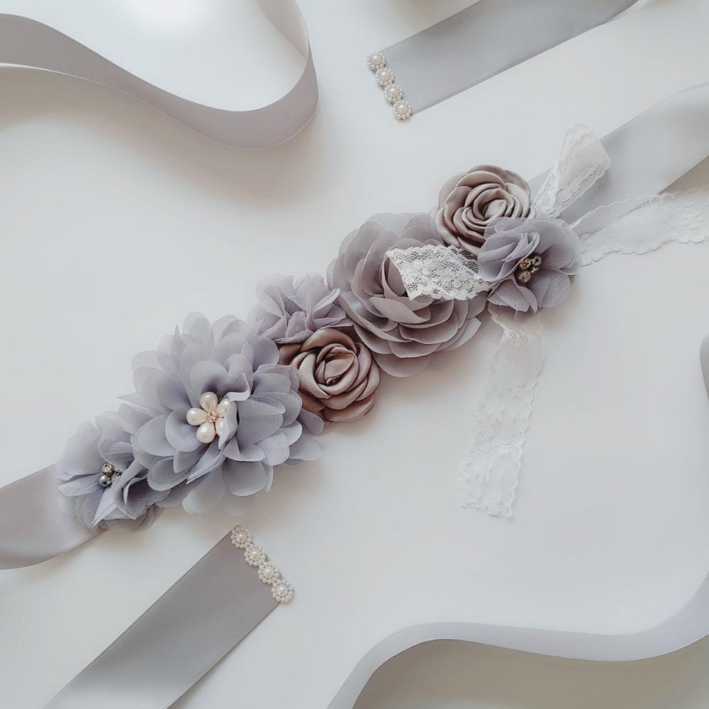 ruban de soie fleur mariée ceintures femme ceinture ceintures en mousseline de soie fleur dentelle nœud papillon accessoires de mariage longue robe: Gray