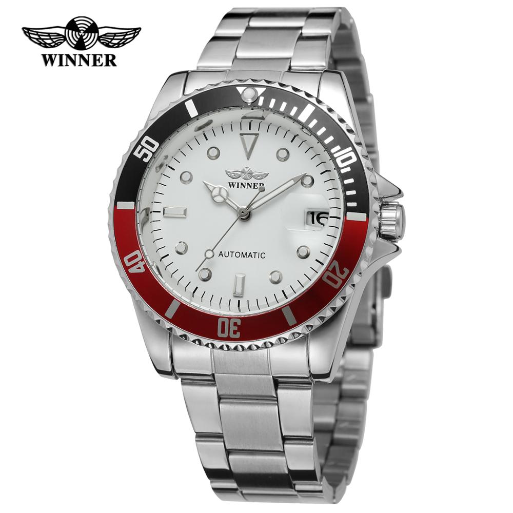 WINNAAR business mannen en vrouwen horloges met kalender stalen band horloges automatische mechanische horloges: white 01