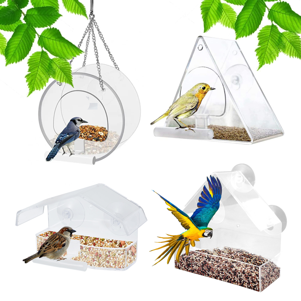 Comedero colgante para pájaros salvajes, estación de alimentación acrílica redonda transparente, contenedor de alimentos para exteriores, fuera de la ventana con ventosa para cardinales