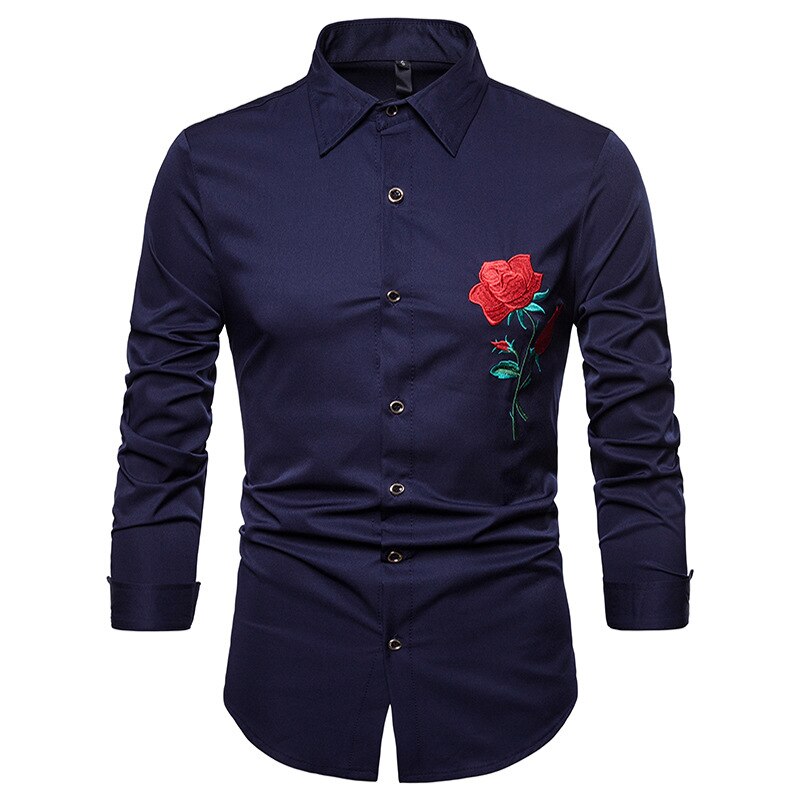 Mens Hipster Red Rose Borduren Shirt Mannen Camisa Masculina Casual Lange Mouwen Slim Chemise Homme Business Camisas Hombre