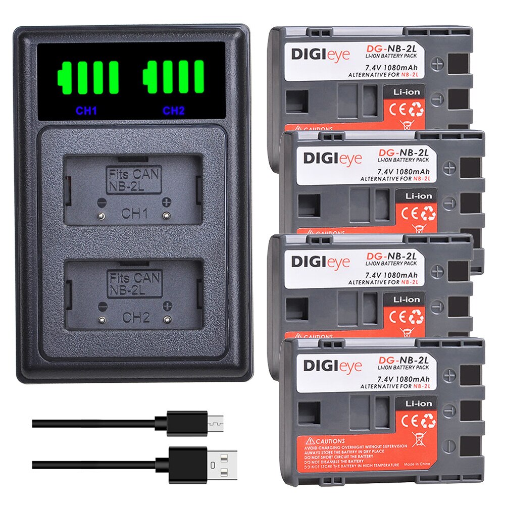 4Pcs NB-2L NB-2LH NB 2L NB2LH battery + LED Dual USB Charger Type C for Canon EOS 400D S80 S70 S50 S60 350D G7 G9 Rebel XT XTi: 4 battery set