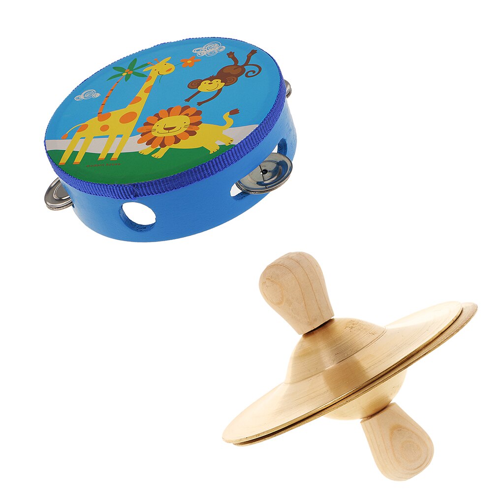 Pandereta de 6 pulgadas, cabezal de tambor de madera con par de platillos Gong, juguete de aprendizaje musical para niños