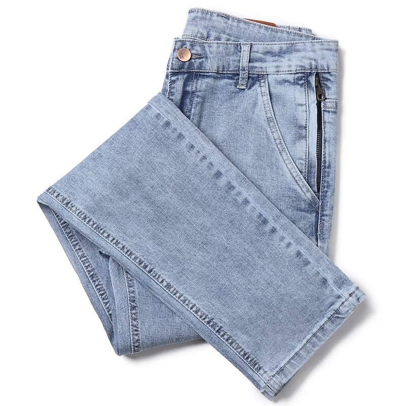 2022 Spring Summer Brand Fitted Straight Light Blue Thin Jeans Classic Zipper Pocket Men&#39;s Casual Lightweight Jeans
