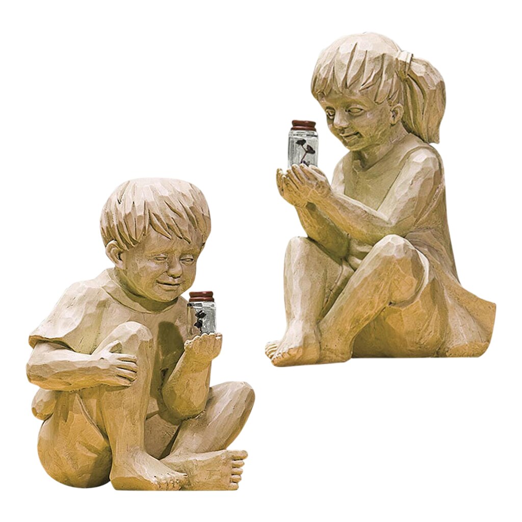 Estatua de resina para niño o niña, luciérnaga iluminada en tarro, adorno, escultura de jardín