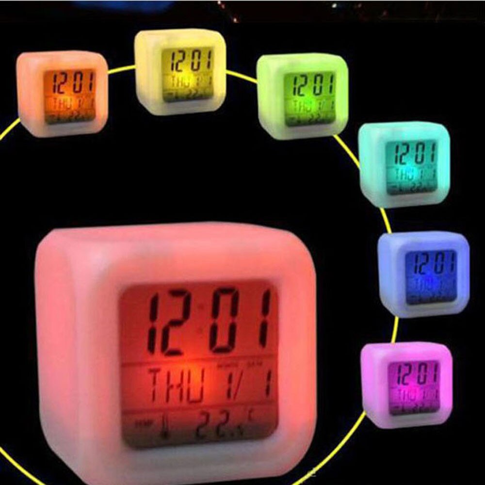 LED Alarm Colock 7 Colors Changing Digital Desk Gadget Digital Alarm Thermometer Night Glowing Cube led Clock Home