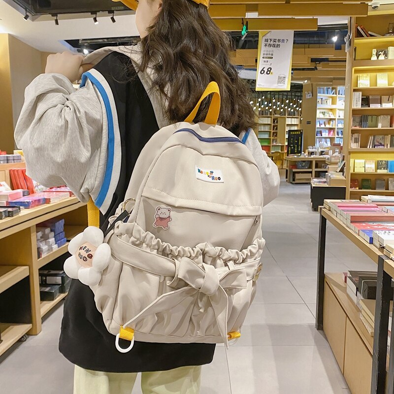 Korean Style Women Sweet Backpack Large Capacity Open Pockets Kawaii Female Bow School Bags for teenager Girls Travel Backpacks: Beige / Only-Bag