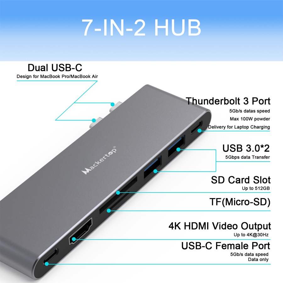 Tipo c adaptador para macbook pro, 7 em 2 multiport usb c hub compatível com macbook ar, macbook pro 2020-2016 13 "16"