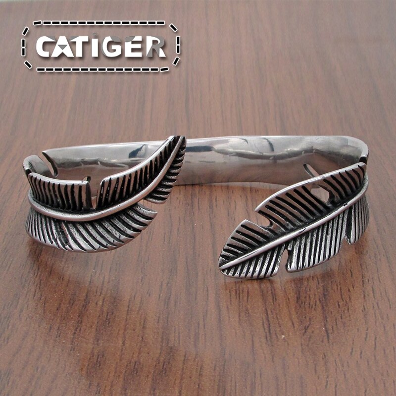 Brazalete abierto Vintage con forma de pluma de acero inoxidable 316L para hombre o mujer, joyería de Rock de estilo clásico Retro