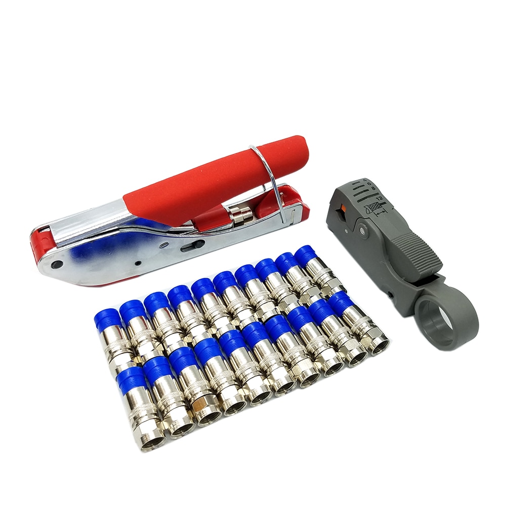 Coax Cable Crimper Coaxial Compression Tool Kit RG59/RG6 Cable TV Crimping Tool Set Wire Stripper with 20 F Heads Connectors