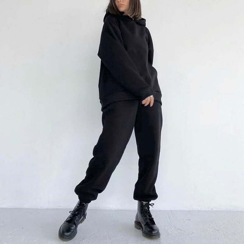 Ensemble de 2 pièces pour femmes, tenue d'automne et d'hiver, survêtement à manches longues, vêtements de sport pour dames, haut + pantalon, Jogging, à la ,: Black / L