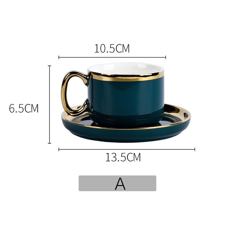 Europeisk stil kaffekopp tekoppfat set guld trim grön keramisk kaffemjölk kopp 200ml: A
