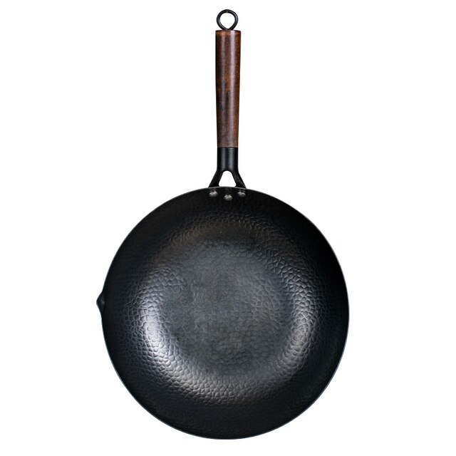 Fypo 32Cm Ijzeren Wok Handgemaakte Ijzeren Pan Huishouden Koekenpan Non-stick Pan Gasfornuis Inductie Fornuis Universele hout Cover Ijzeren Wok: Wok