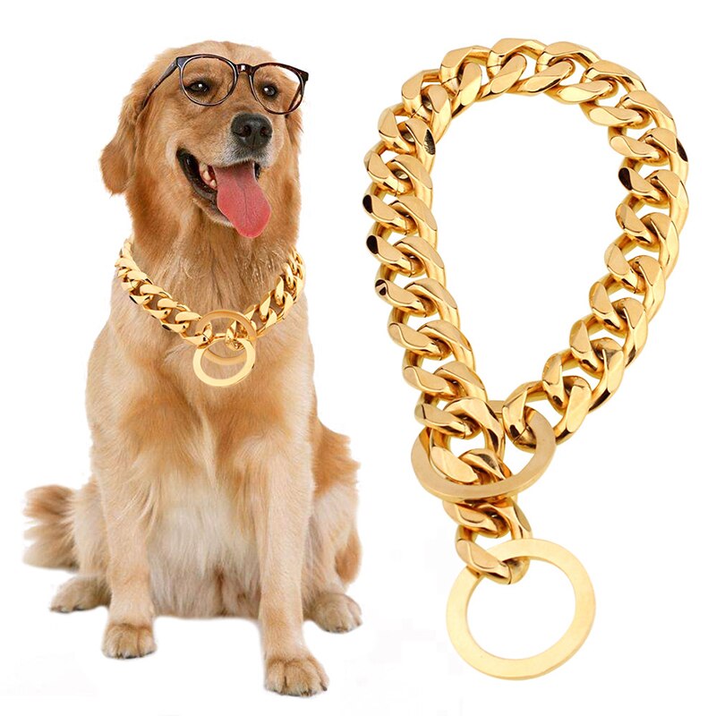 Gold Dog Collar Cuban Link 15mm Width Thick Golden Chain Dog Cat Pets Safety Collar Stainless Steel Pet Dog Accessories