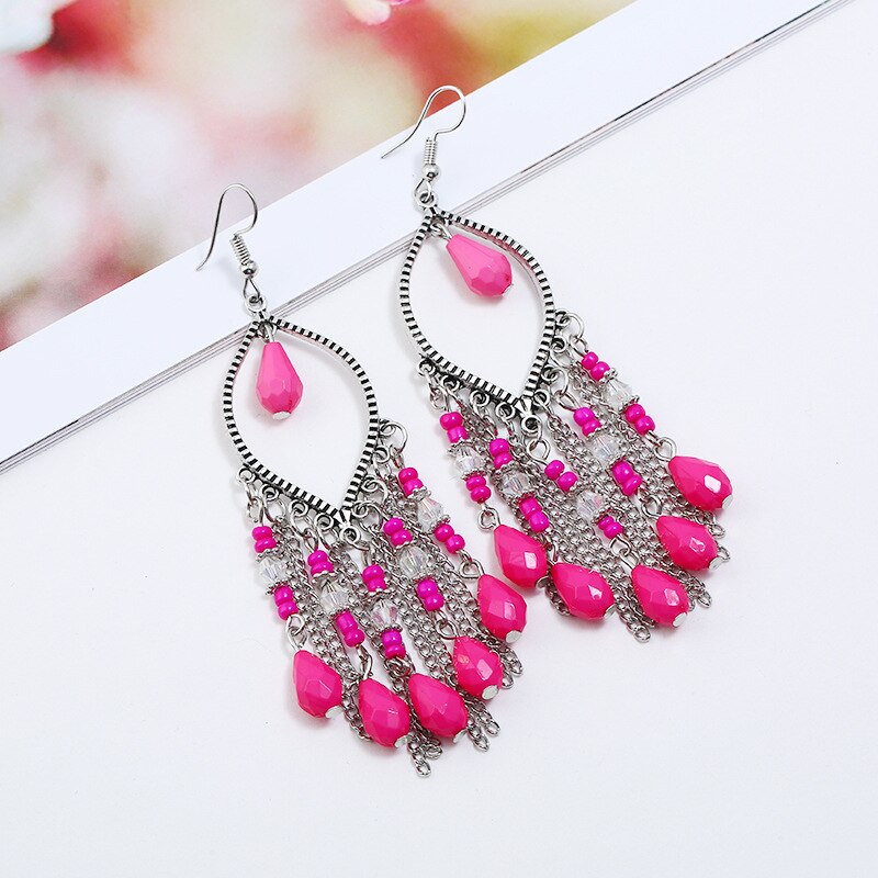 Boho Colorful Resin Beads Tassel Dangle Earrings for Women Long Bohemia Acrylic Earrings Jewelry Accessories: E1591-Rose Red