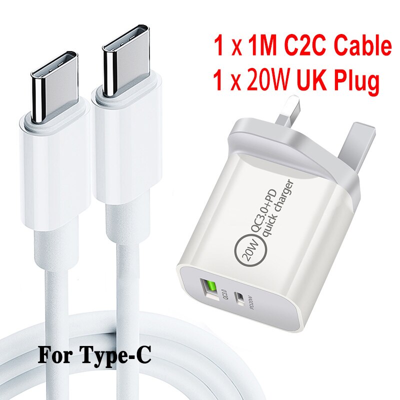 USB fast charge plug PD 5V3A 9V2A QC3.0 Mobile phone tablet charge cable For UK/AU/US/EU For iPhone/Type-C 20W Office charger: UK C2C