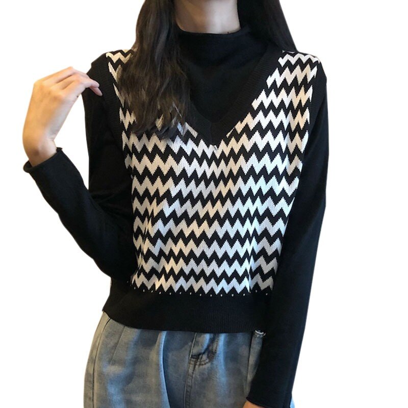 Korean Loose Knitted Sweater Vest Women Retro V-neck Sleeveless Sweater Vests Bottoming Tops: Black