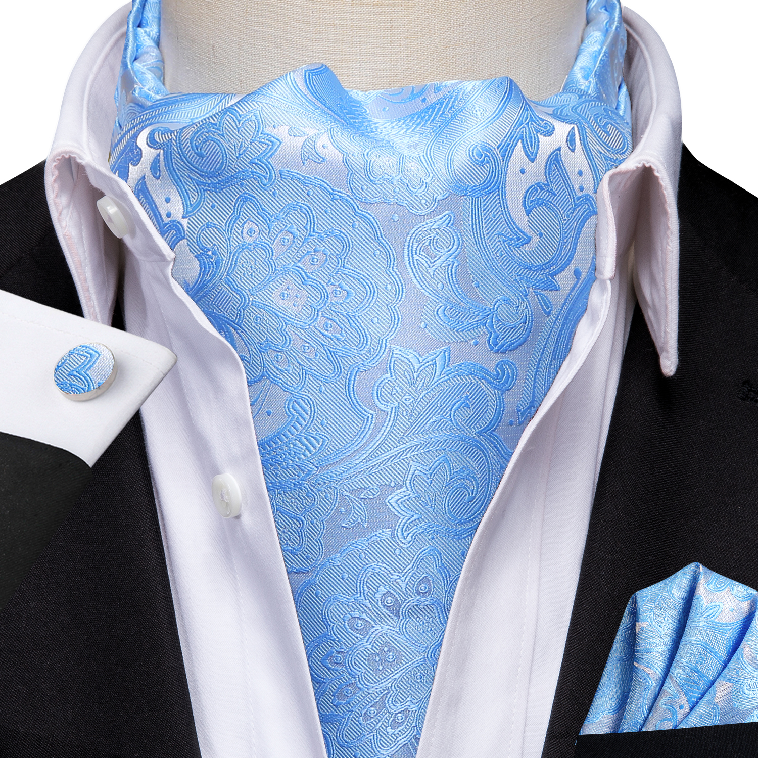 Hi-Tie Silk Mens Ascot Pocket Square Cufflinks Set Jacquard Paisley Floral Vintage Cravat Tie for Male Red Blue Green Gold Pink