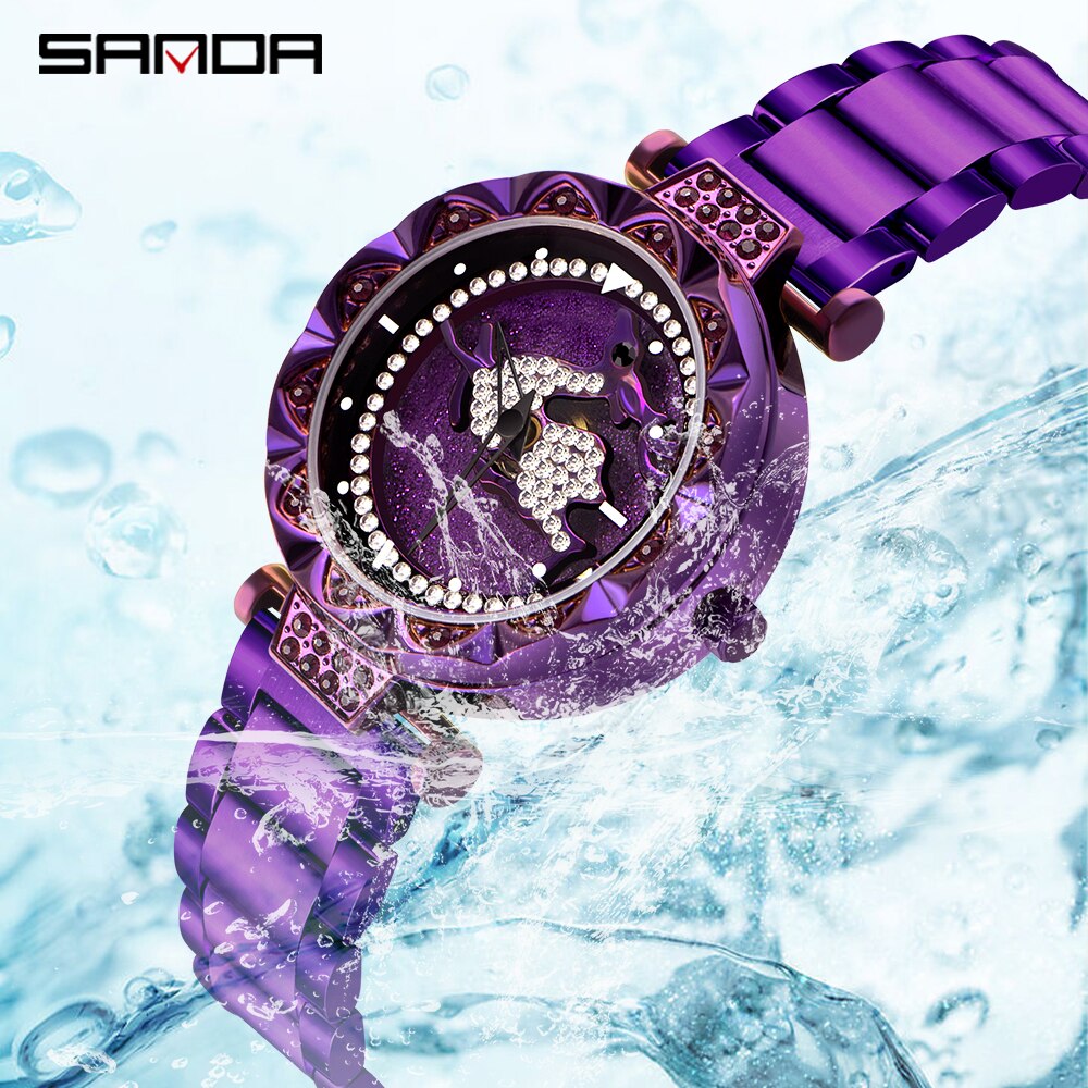 Sanda dameshorloge met kristal, diamant, draaibare wijzerplaat, leren stalen magneet, waterdicht quartzhorloge
