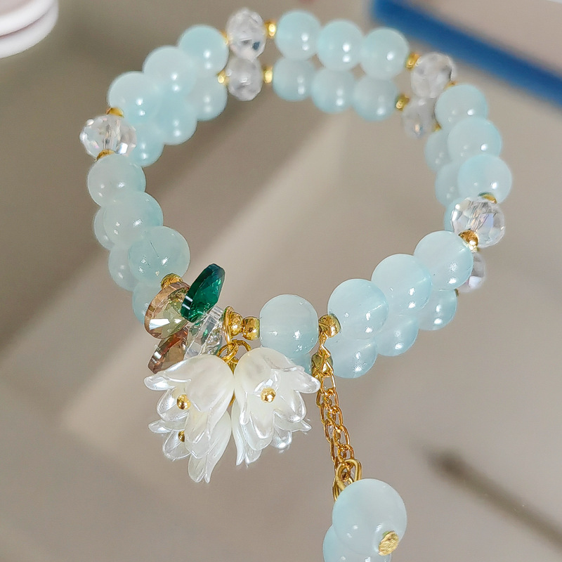 Bonita pulsera de cuentas de cristal verde para mujer, pulsera elástica ajustable con dije de flor de Lily Valley, joyería de cumpleaños y boda: Verde oscuro