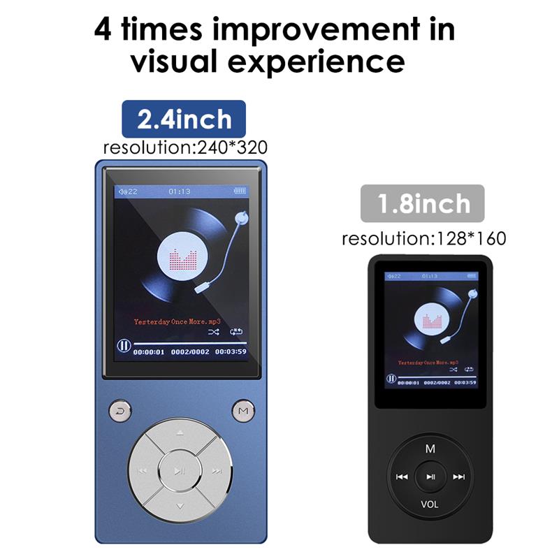 MP4 Player Bluetooth4.2 Built-in Speaker 8GB/16GB with 2.4 Inch HD Color Screen, FM Radio, Voice Recorder, Video
