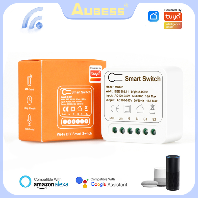 Aubess wifi smart switch 16a/10a mini diy 2- -veis kontroll timerbryter, smart home automation work with tuya app alexa google home