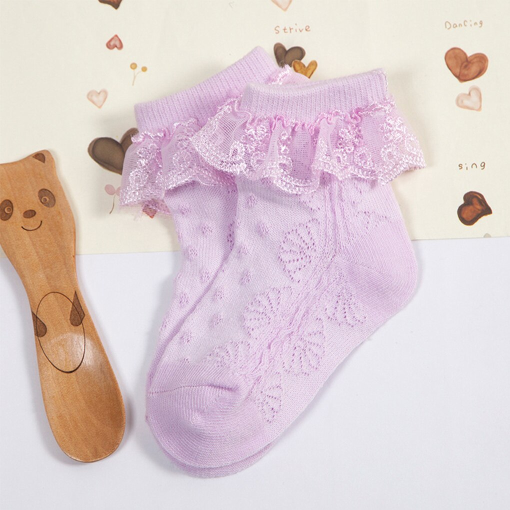 Schattige prinsessen babymeisjessokken katoenen ruches enkelhoge baby calcetines roze/wit voor 0-2 jaar 1 paar babysokken meisjes: Paars / 12m