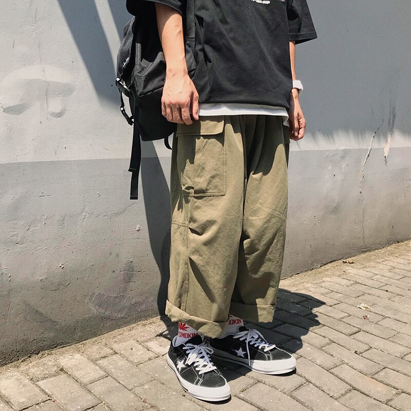 Menn casual straight japanske cargo bukser herre løs collage brede ben bukser menn streetwear bukser rumper
