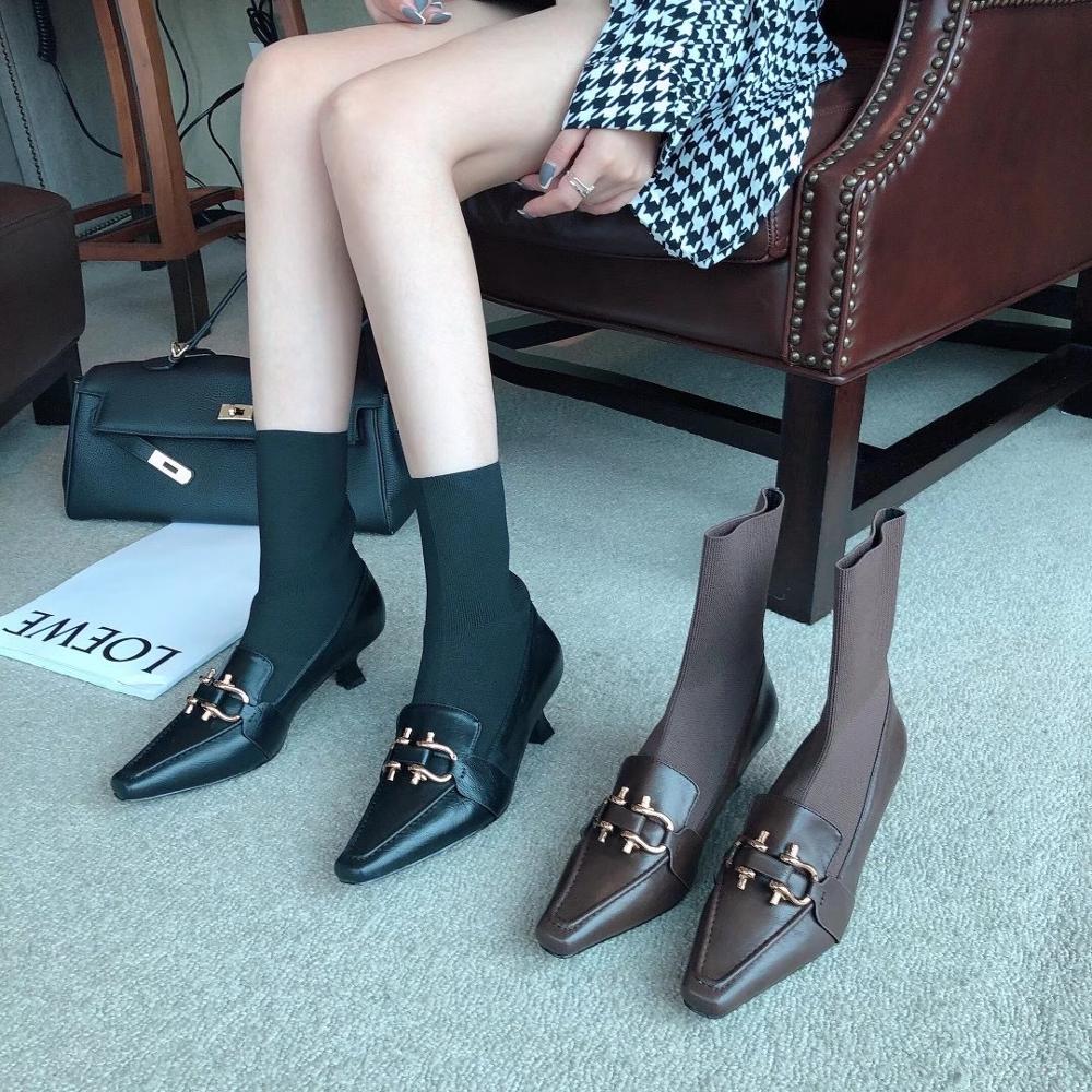 Dames sokken laarzen instappers dunne middelhoge hakken puntige enkellaarsjes stretch botas zwart bruine korte laarzen vrouw