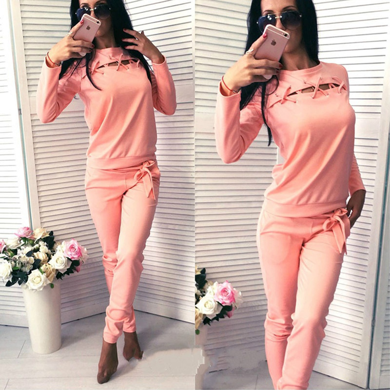 Women Sports Sets 2 Pieces Bandage Hoodies + Sweatpants Women Tracksuits Sportswear Sports Fitness Running Volleyball Sets