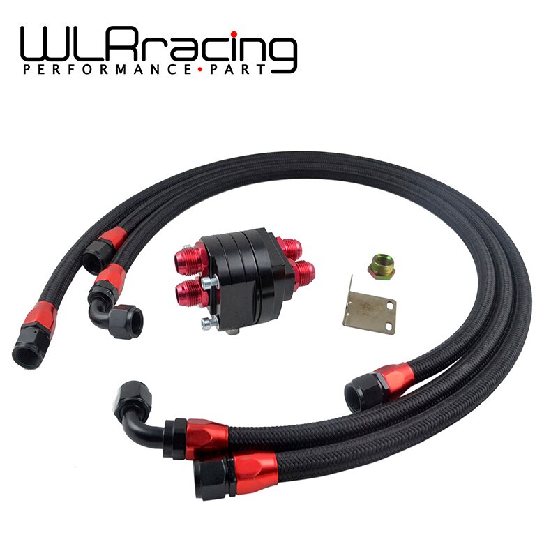 Wlr Racing-Zwart Aluminium Oliefilter/Cooler Relocation Kit + 3X Zwart Gevlochten Slang Line + Adapter