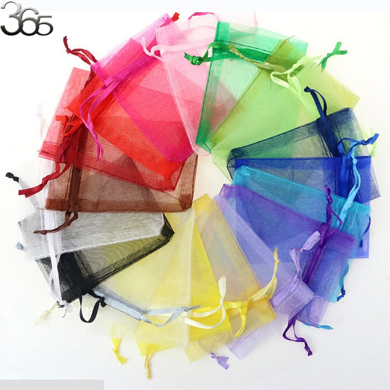 100 stuks partij bruiloft sieraden verpakking organizer gemengde trekbare organza zakjes zakjes 7 x 9cm