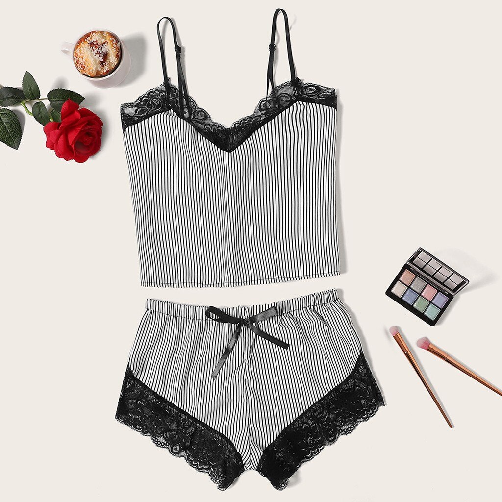 Pyjamas Women Pajamas Sleep Wear Women Lace Camisole Striped Bowknot Shorts Set Sleepwear Pajamas Lingerie пижама женская