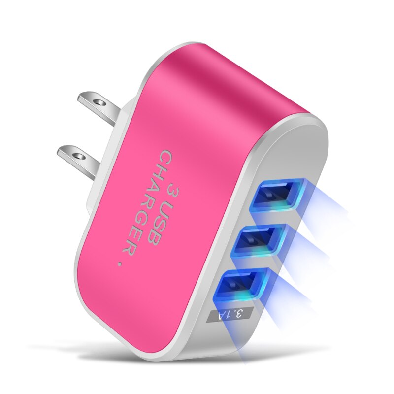 Candy Color 5V 1A US EU Plug 3usb 3 Ports USB Wall Home Charger Adapter For IPhone Samsung OPPO Charging Adapter With Indicator: US Pink